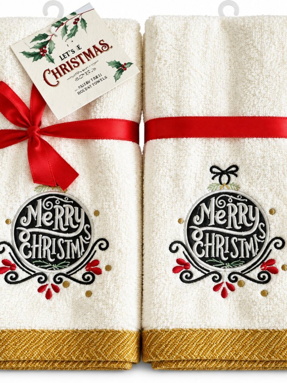 Merry Christmas Fingertip Towels Embroidered Ornament White Gold Set of 2